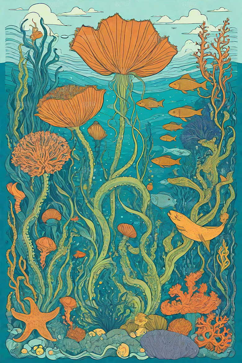 绚丽海洋植物和生物插画的色彩斑斓