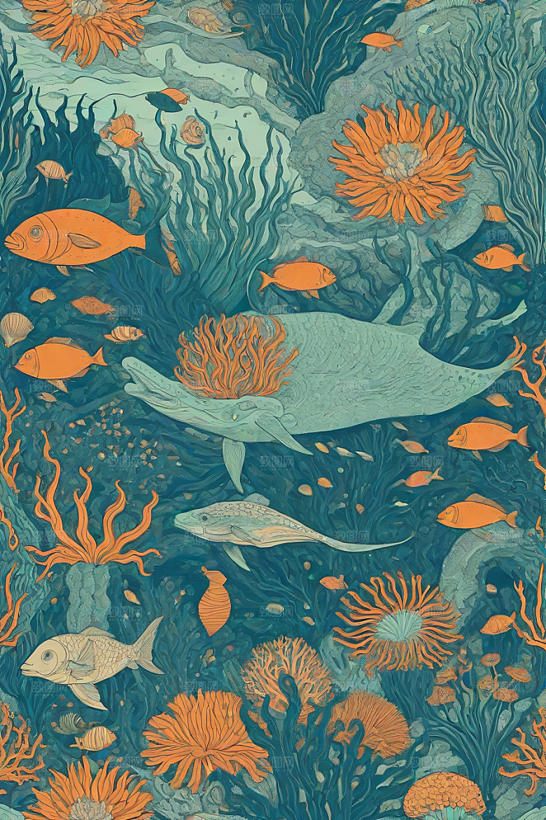 绚丽海洋植物和生物插画的色彩斑斓