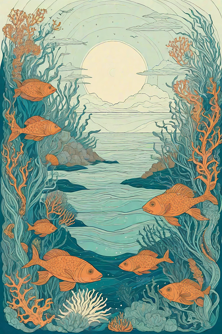绚丽海洋植物和生物插画的色彩斑斓