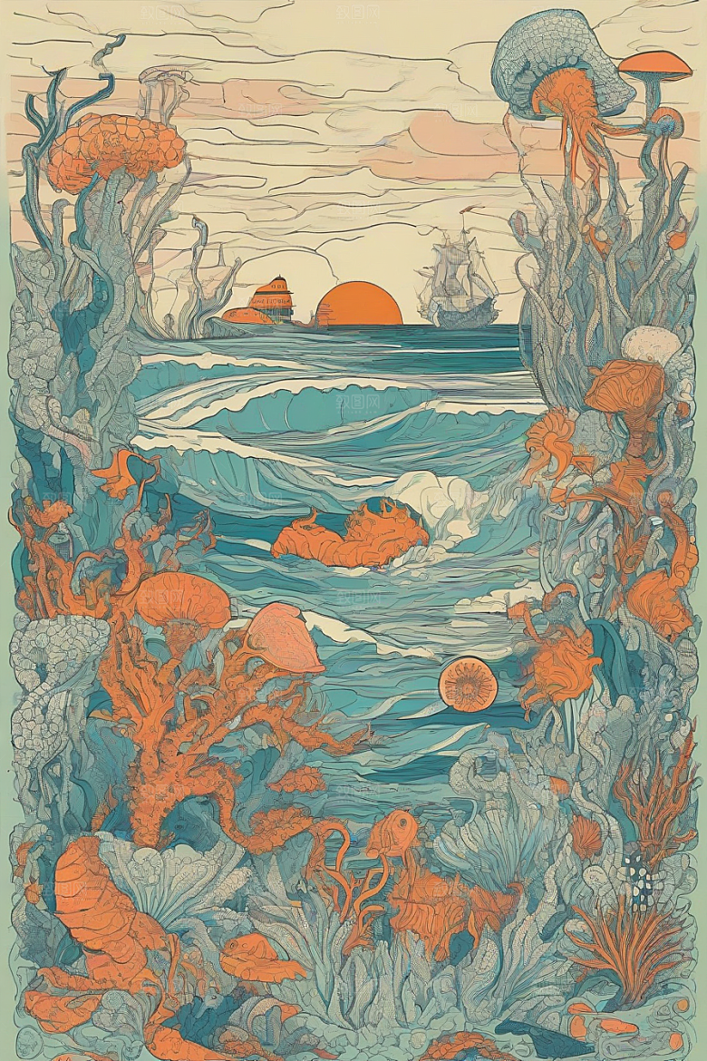 海洋幻想植物和生物插画的梦幻世界