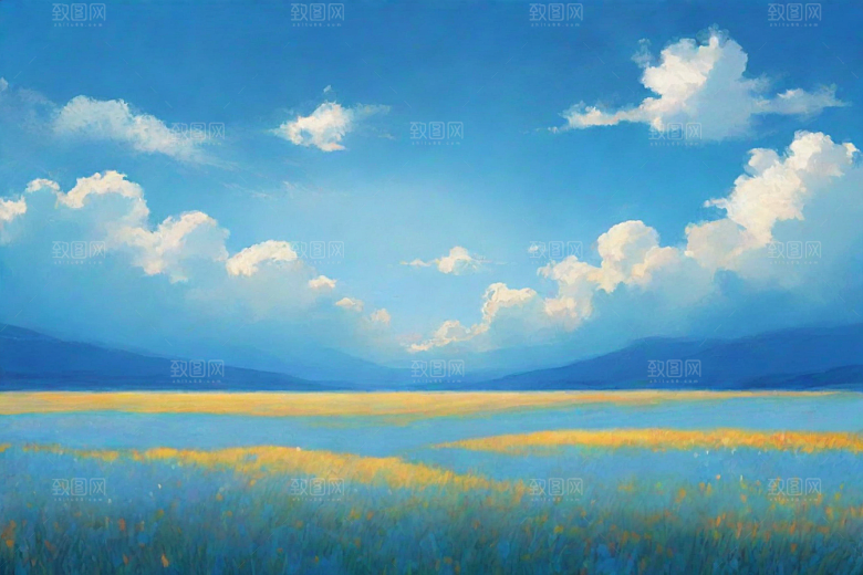 明亮蓝天下的白云草地