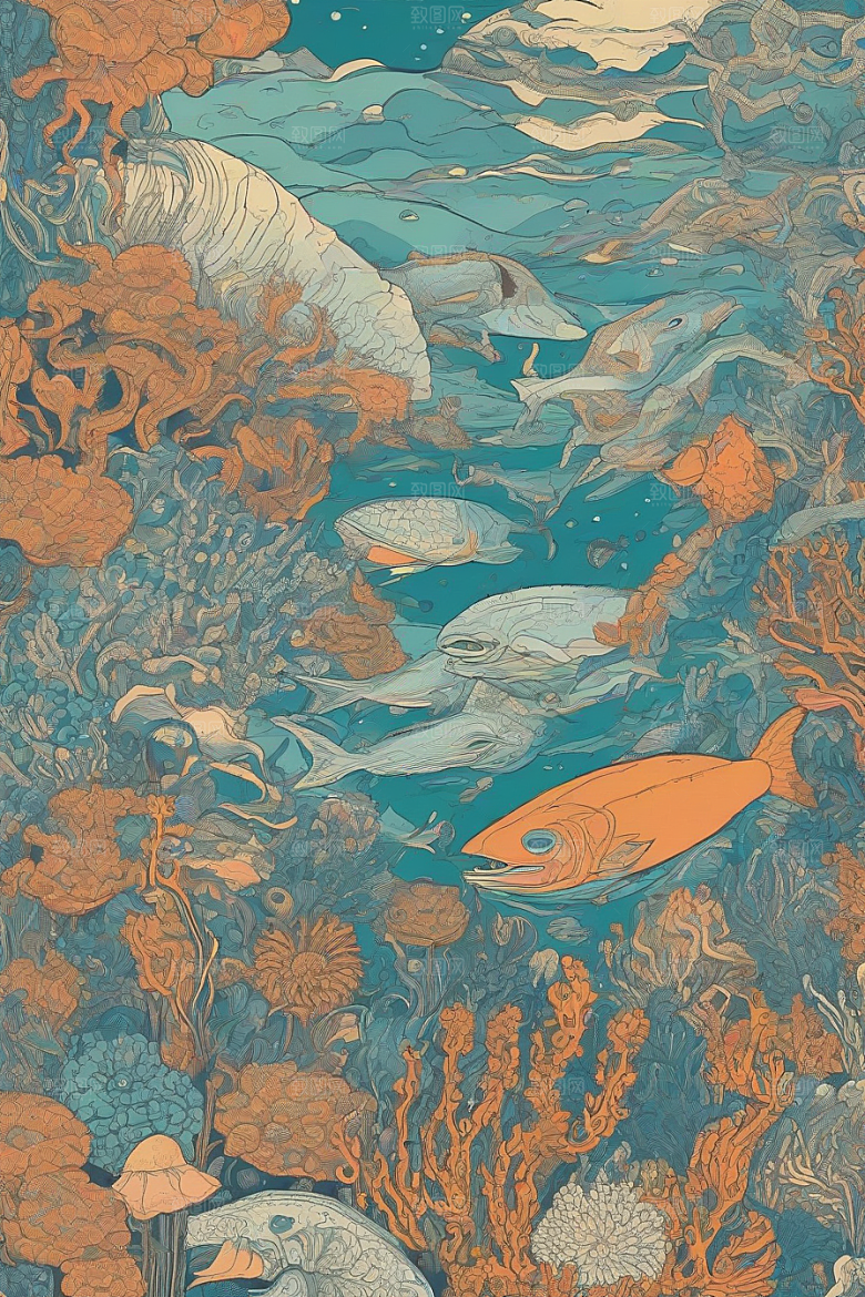 海洋幻想植物和生物插画的梦幻世界