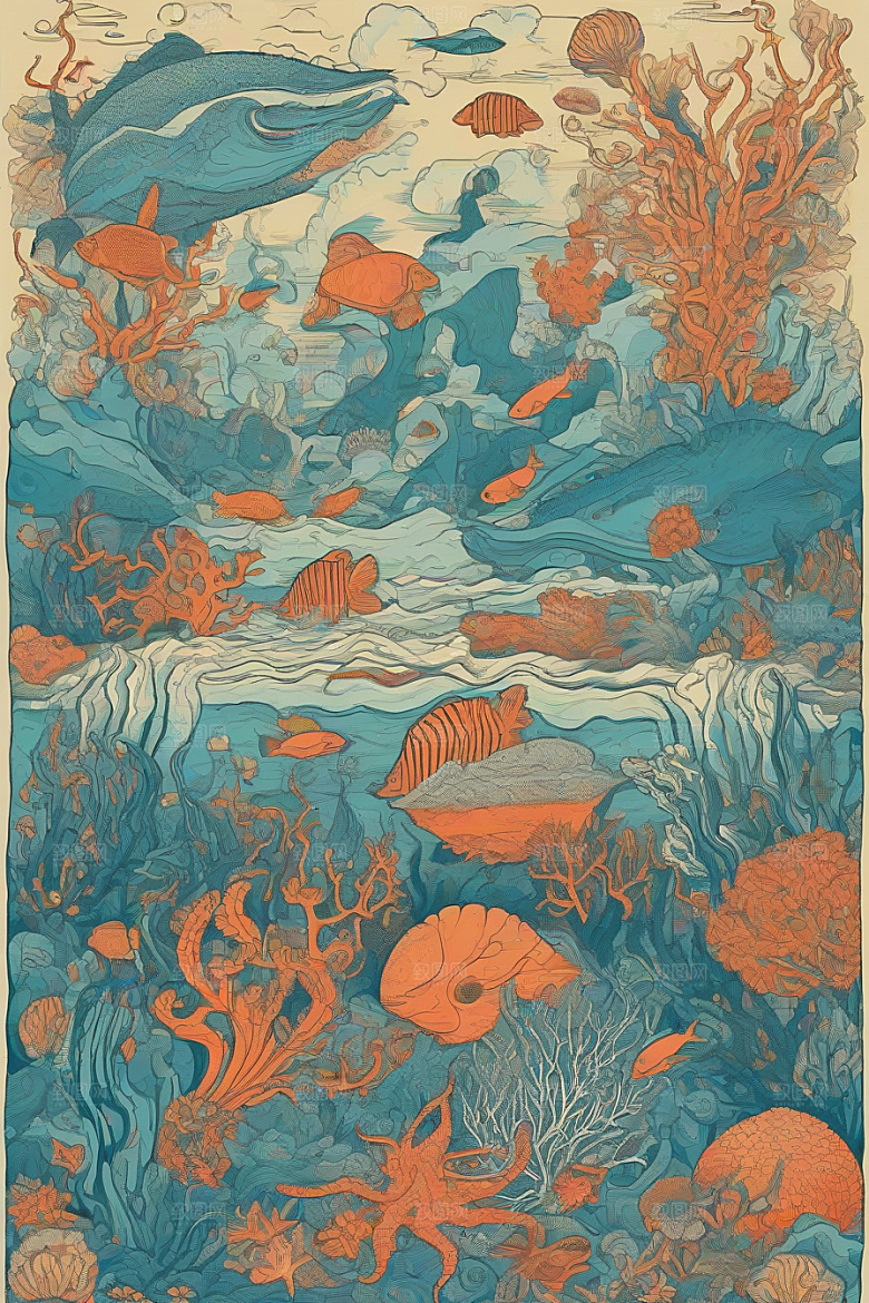 海洋幻想植物和生物插画的梦幻世界