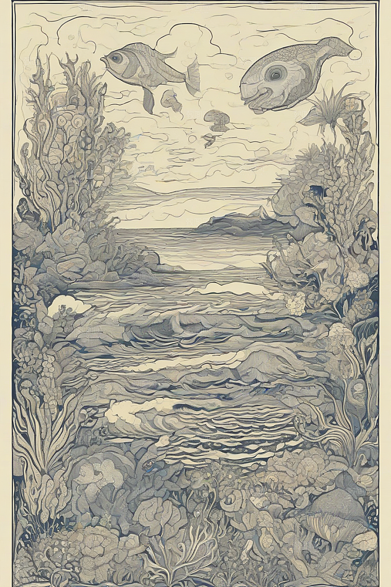 海洋幻想植物和生物插画的梦幻世界