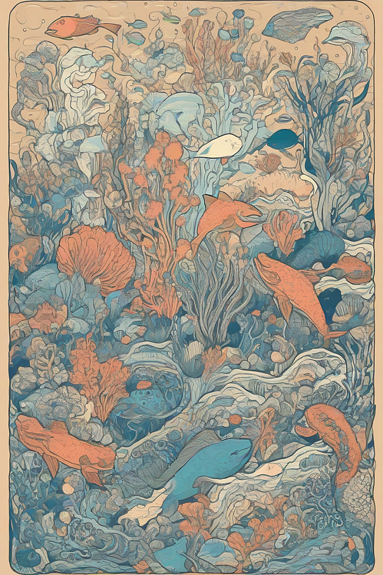 海洋幻想植物和生物插画的梦幻世界