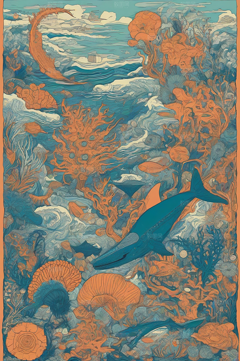 海洋幻想植物和生物插画的梦幻世界