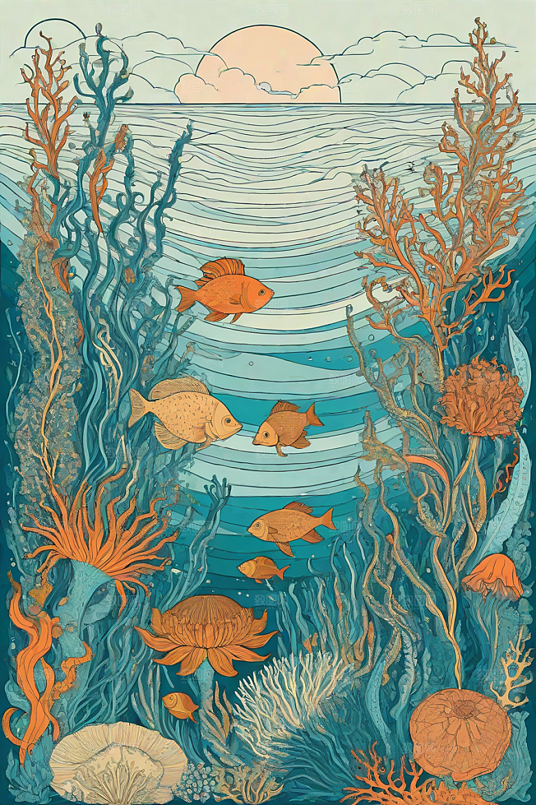 海洋幻想植物和生物插画的梦幻世界