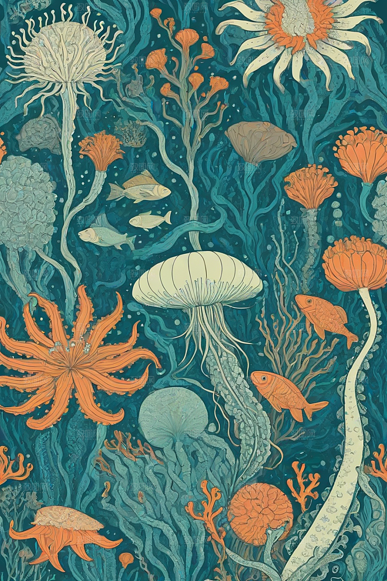 海洋幻想植物和生物插画的梦幻世界