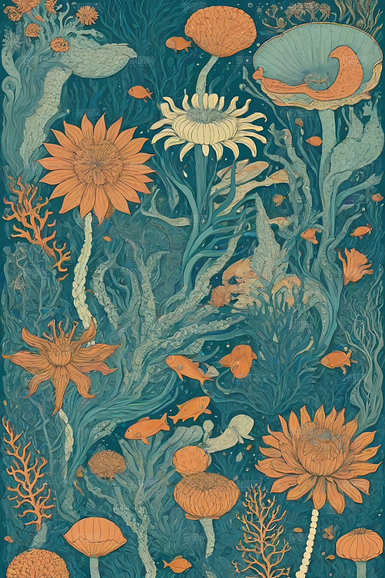 海洋幻想植物和生物插画的梦幻世界