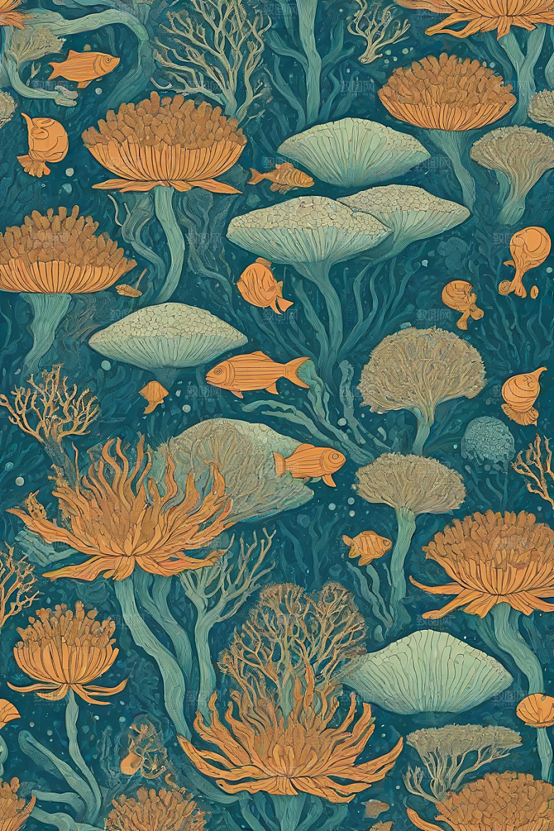 海洋幻想植物和生物插画的梦幻世界