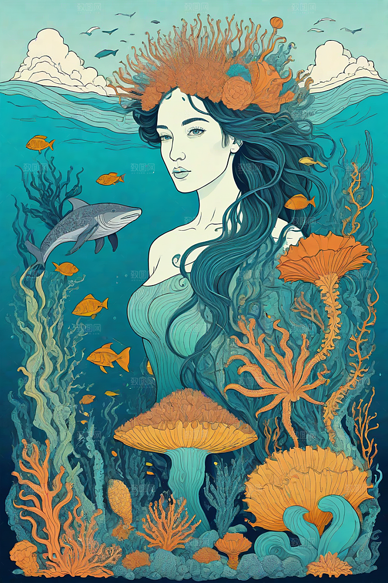 海洋幻想植物和生物插画的梦幻世界