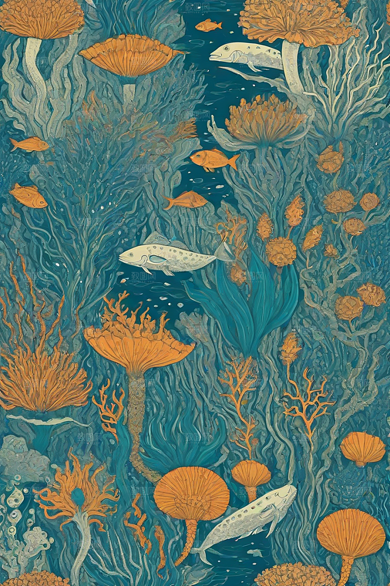 海洋幻想植物和生物插画的梦幻世界
