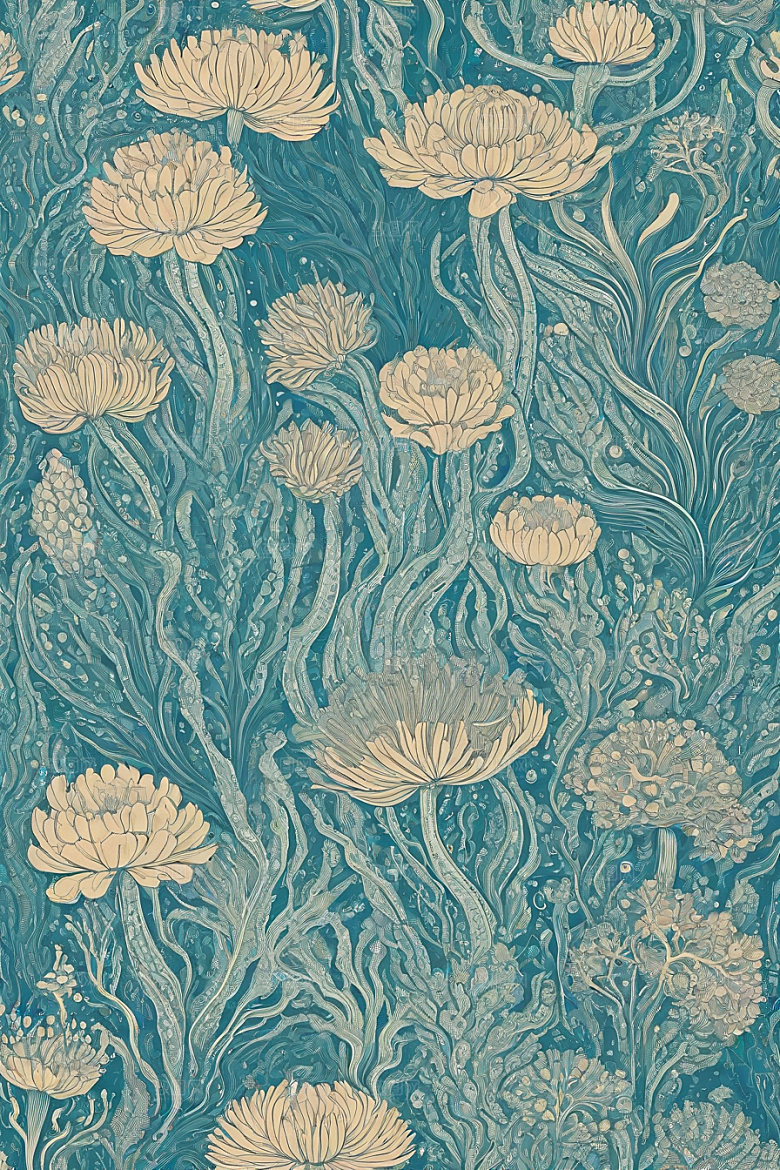 海洋幻想植物和生物插画的梦幻世界