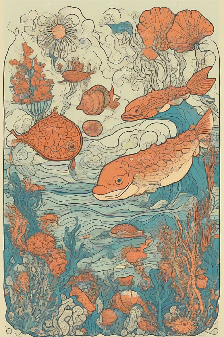 海洋幻想植物和生物插画的梦幻世界
