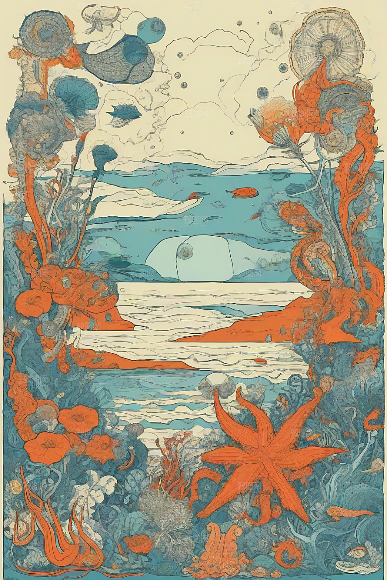 海洋幻想植物和生物插画的梦幻世界
