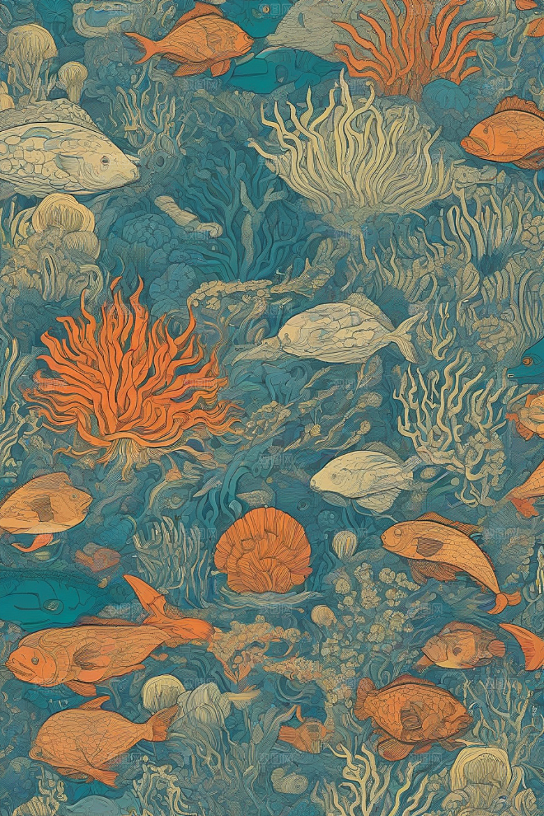 海洋幻想植物和生物插画的梦幻世界