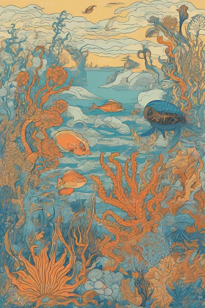 海洋幻想植物和生物插画的梦幻世界