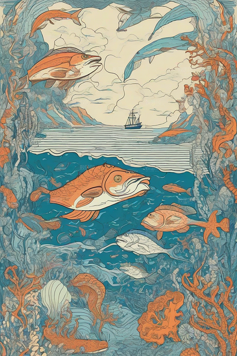 神奇海洋植物和生物的幻觉插画