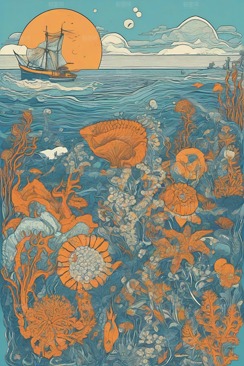 神奇海洋植物和生物的幻觉插画