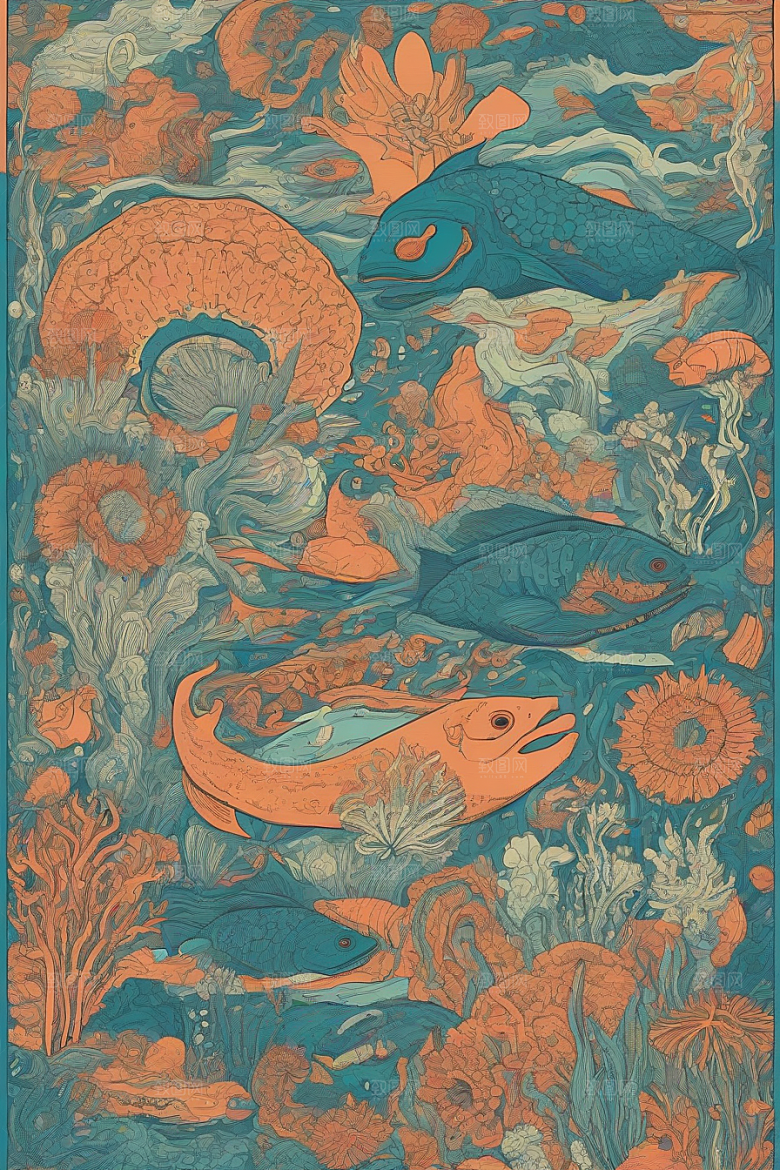 神奇海洋植物和生物的幻觉插画