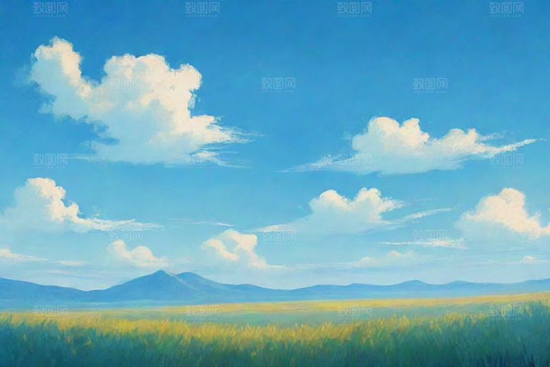 明亮蓝天下的白云草地