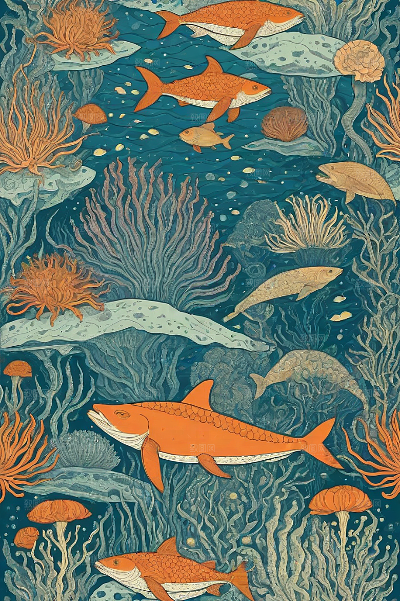 神奇海洋植物和生物的幻觉插画