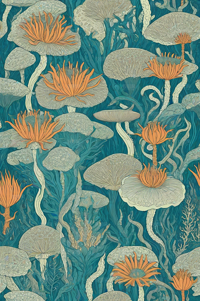 神奇海洋植物和生物的幻觉插画