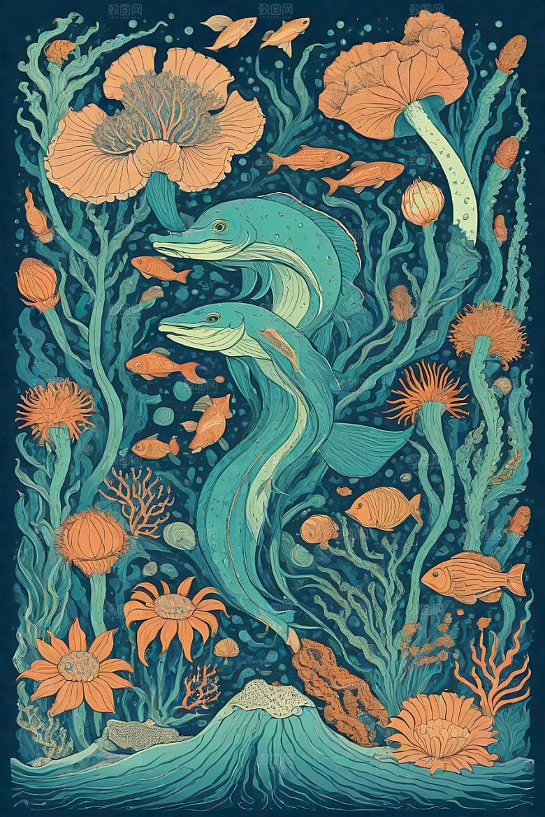 神奇海洋植物和生物的幻觉插画