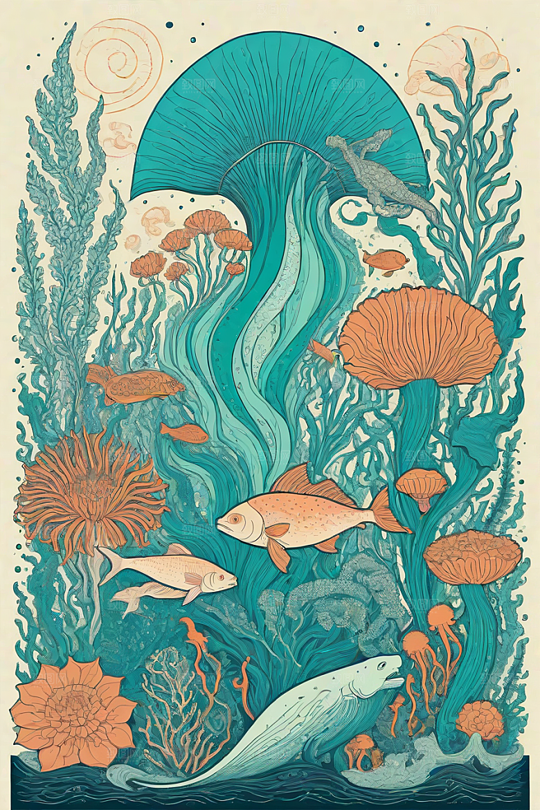 神奇海洋植物和生物的幻觉插画