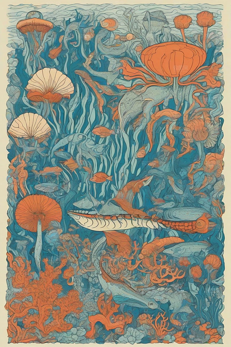 神奇海洋植物和生物的幻觉插画