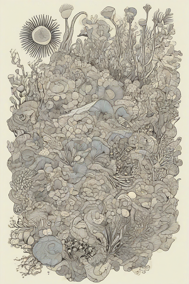 神奇海洋植物和生物的幻觉插画