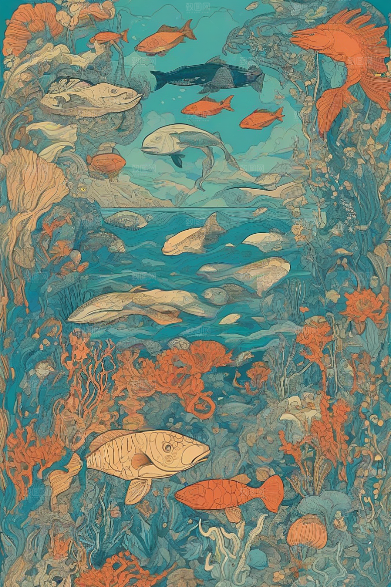 神奇海洋植物和生物的幻觉插画