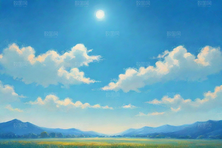 明亮蓝天下的白云草地