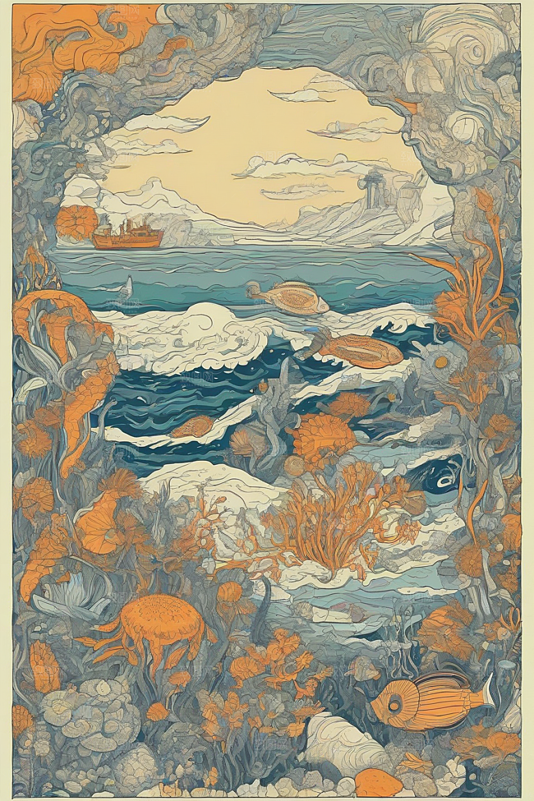 神奇海洋植物和生物的幻觉插画