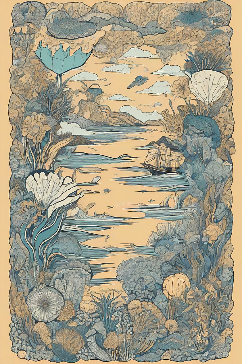 神奇海洋植物和生物的幻觉插画