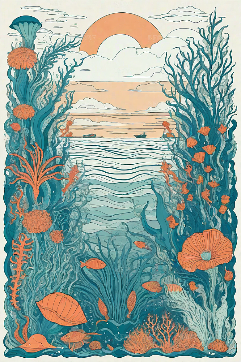 深海探索植物插画