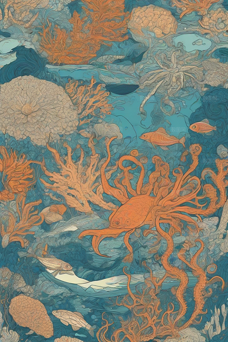 深海探索植物插画