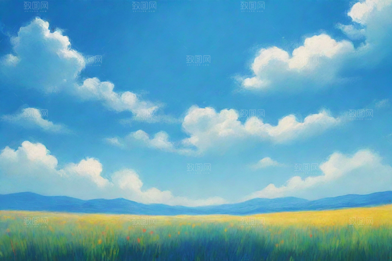 明亮蓝天下的白云草地