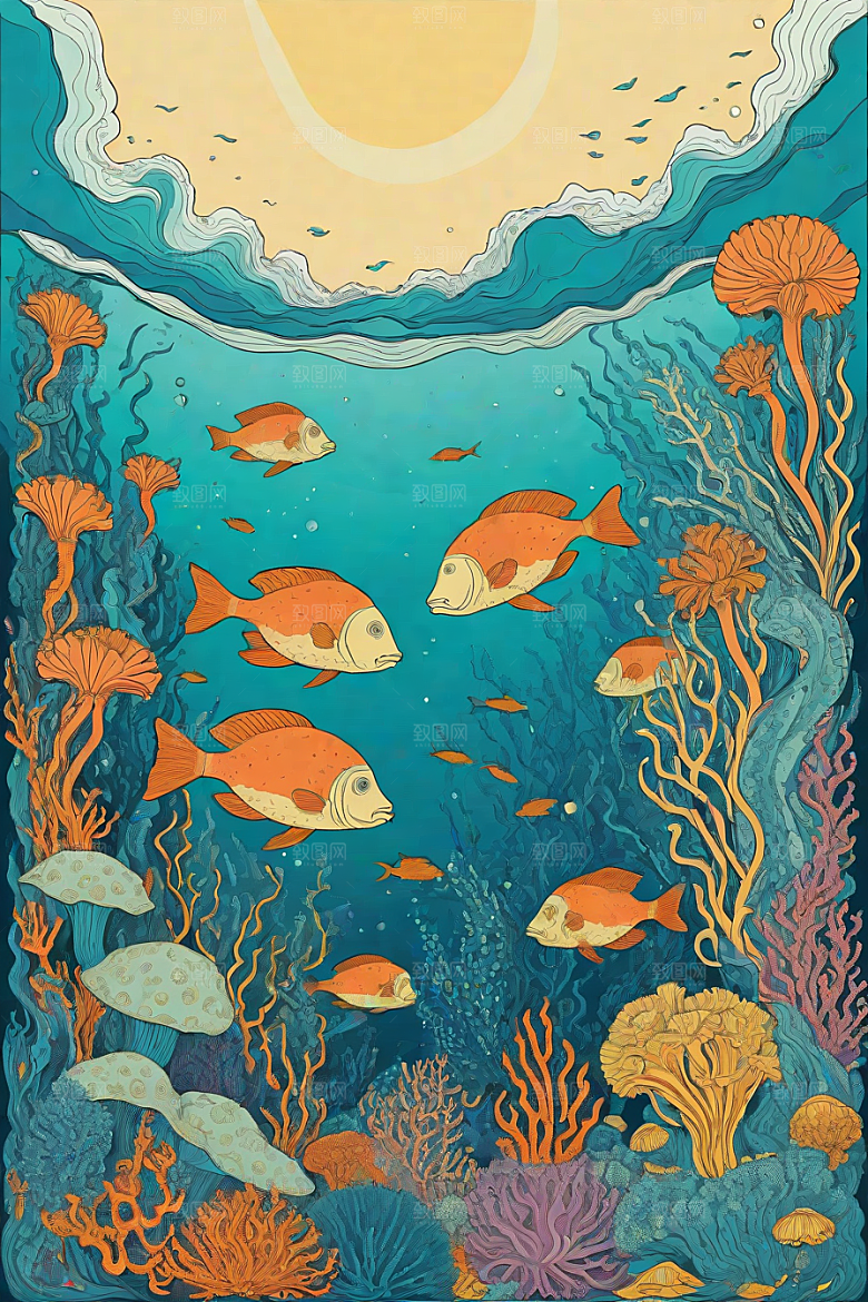 深海探索植物插画