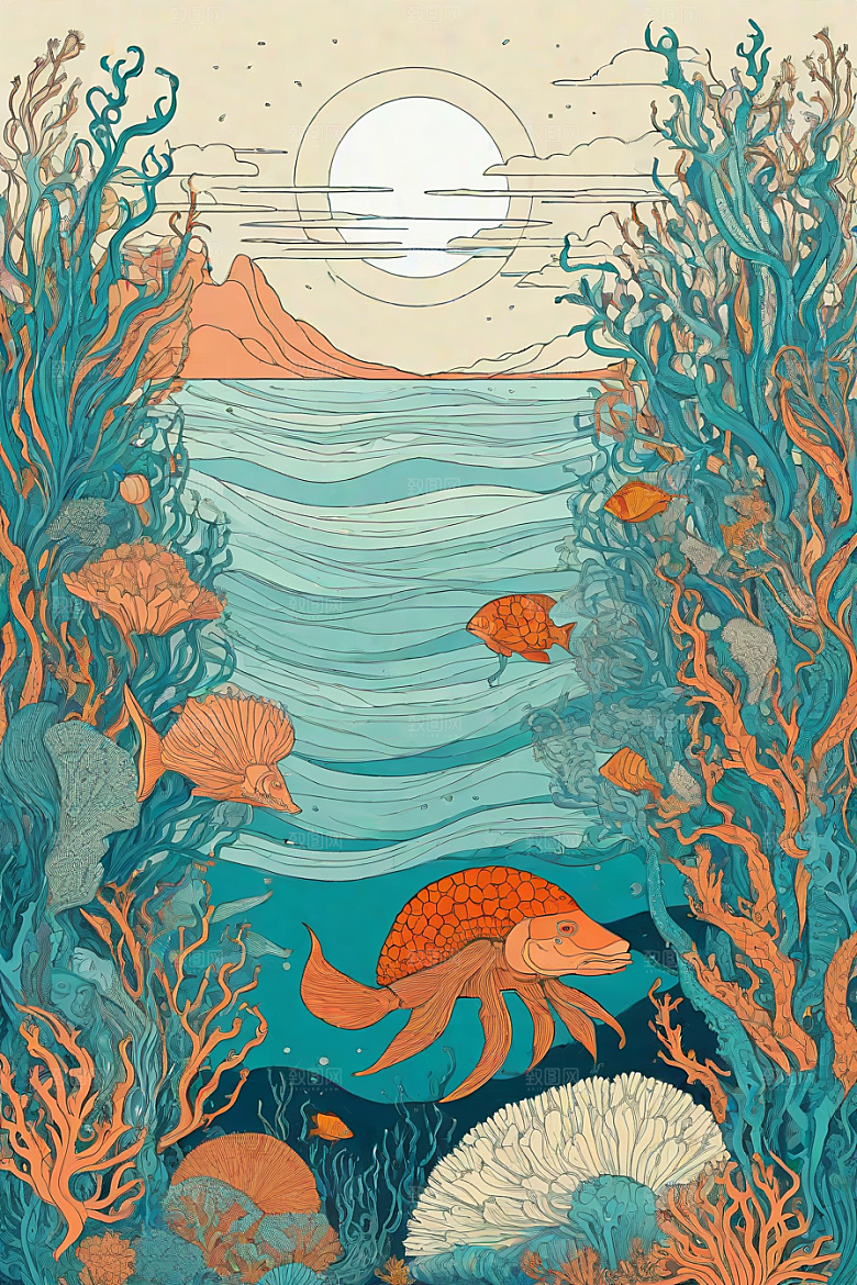 深海探索植物插画