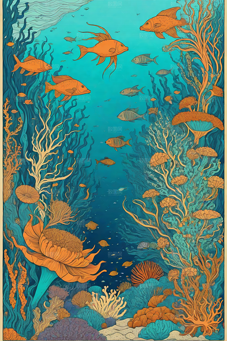 深海探索植物插画
