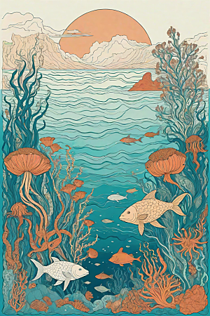 海洋之花风格插画的海洋植物和生物