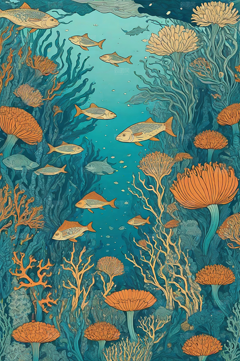 海洋之花风格插画的海洋植物和生物