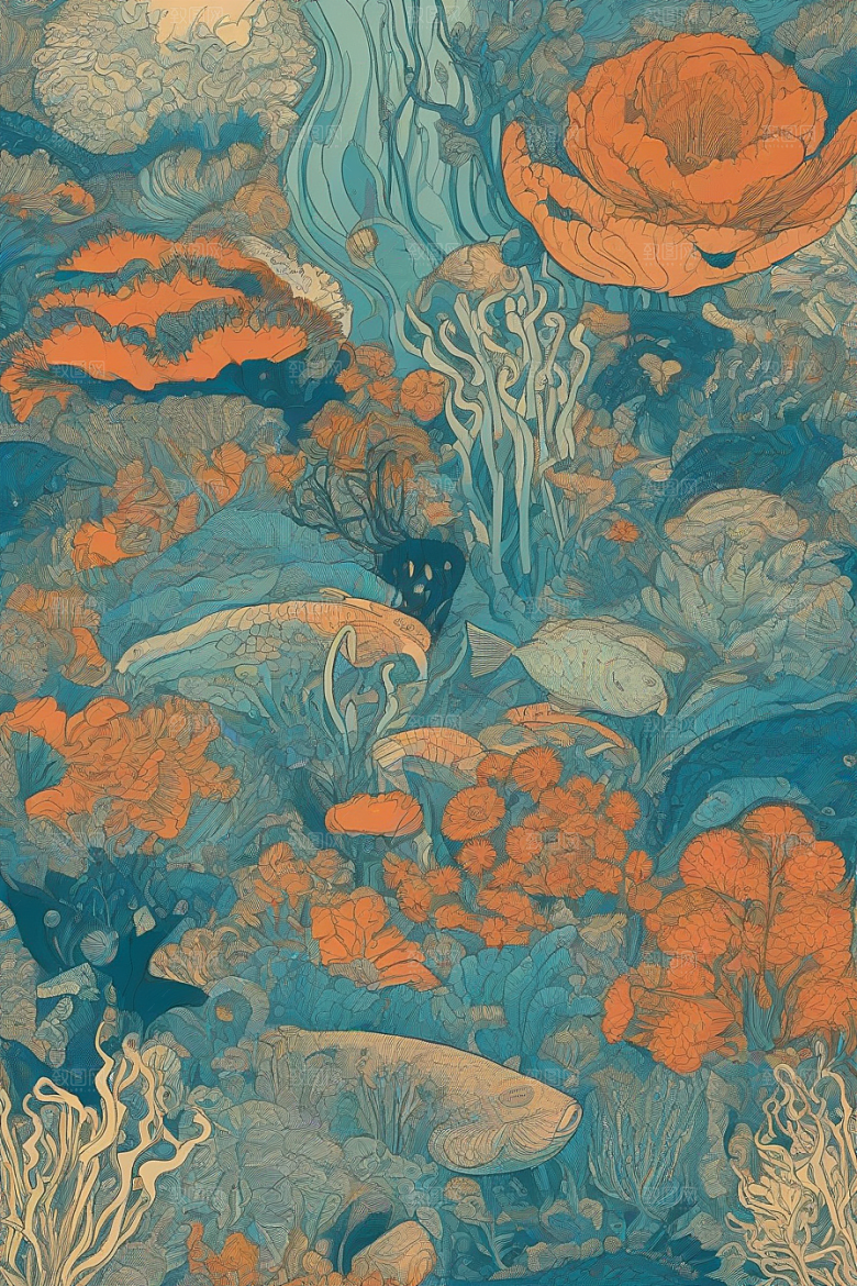海洋之花风格插画的海洋植物和生物