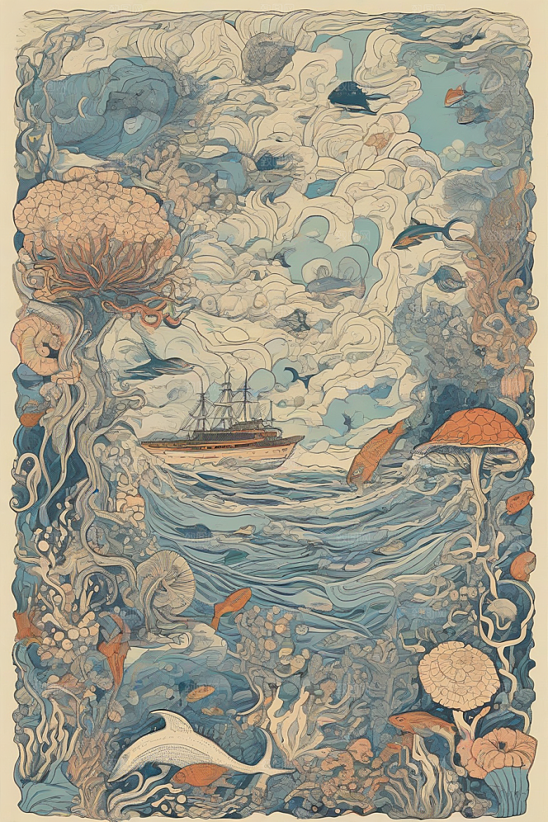 海洋之花风格插画的海洋植物和生物