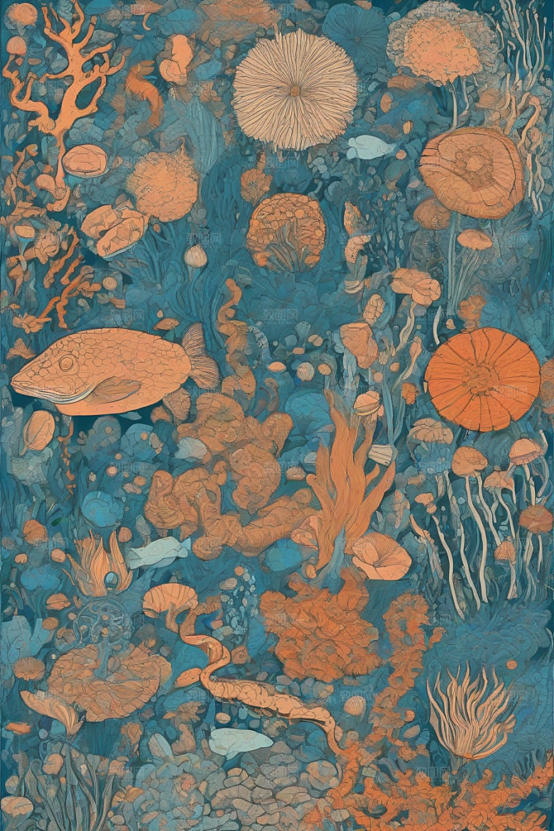 海洋之花风格插画的海洋植物和生物