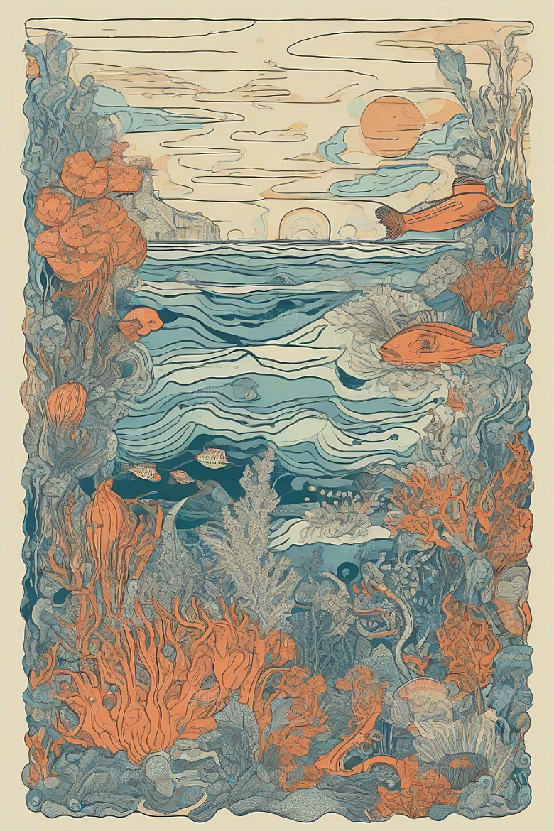 海洋之花风格插画的海洋植物和生物