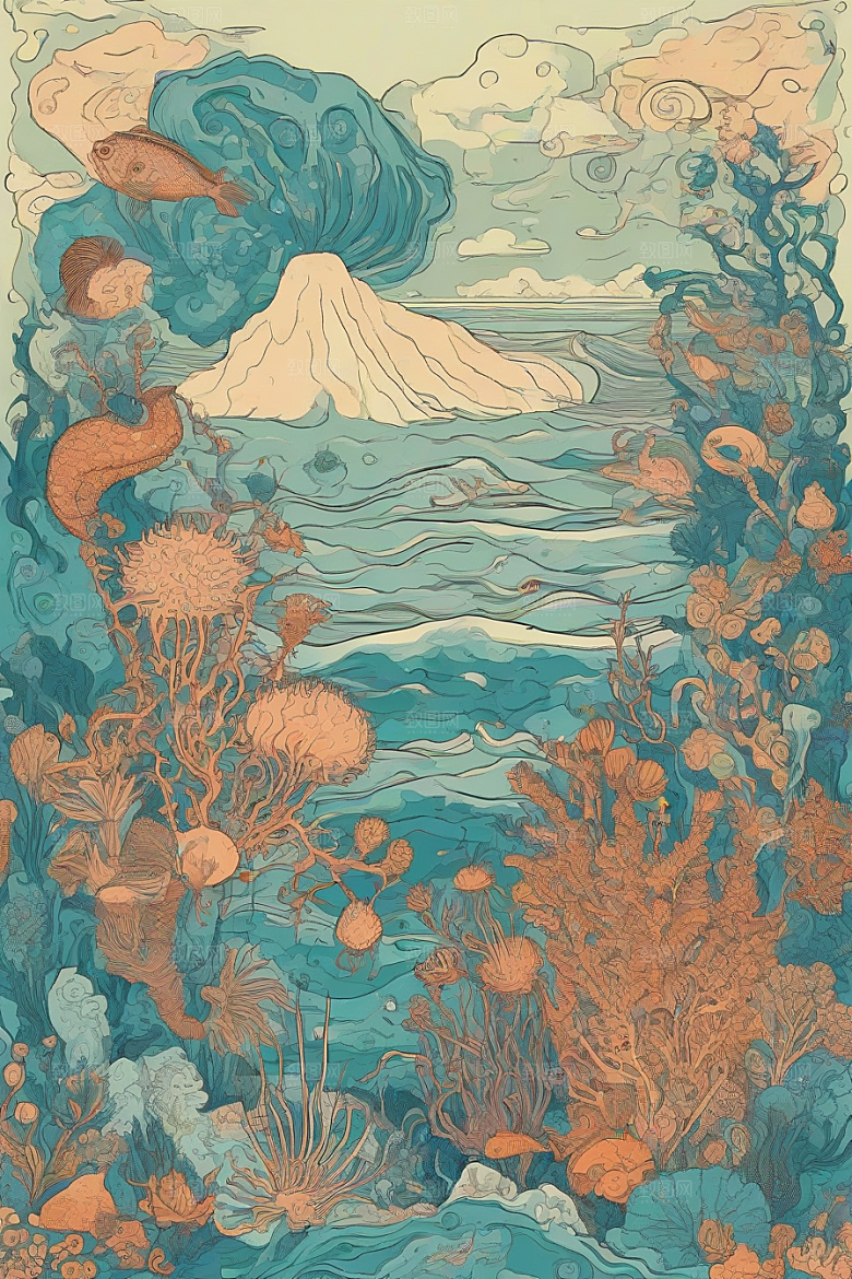 海洋之花风格插画的海洋植物和生物