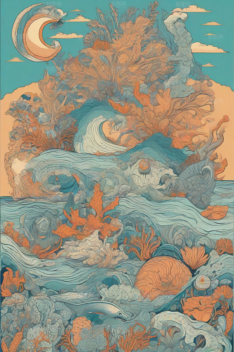 海洋之花风格插画的海洋植物和生物