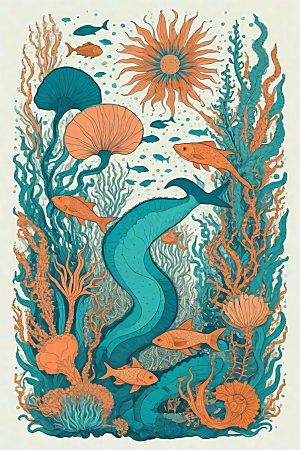 海洋之花风格插画的海洋植物和生物
